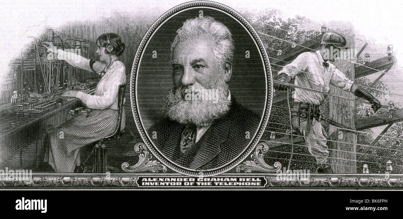 ALEXANDER GRAHAM BELL auf einer Banknote 1910 aus dem American Telephone und Telegraph Company Stockfoto