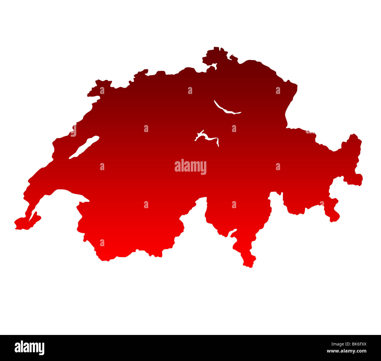 Karte der Schweiz im Farbverlauf rot isoliert auf weißem Hintergrund. Stockfoto