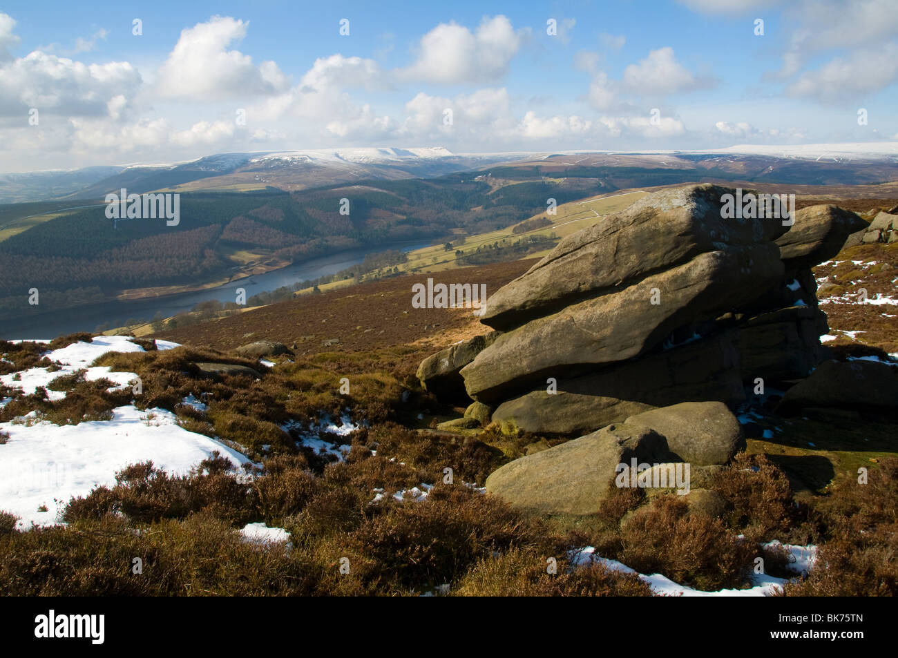 Kinder Scout und Ladybower Vorratsbehälter von Derwent Rand, Derwent Moors, Peak District in Derbyshire, England, UK Stockfoto