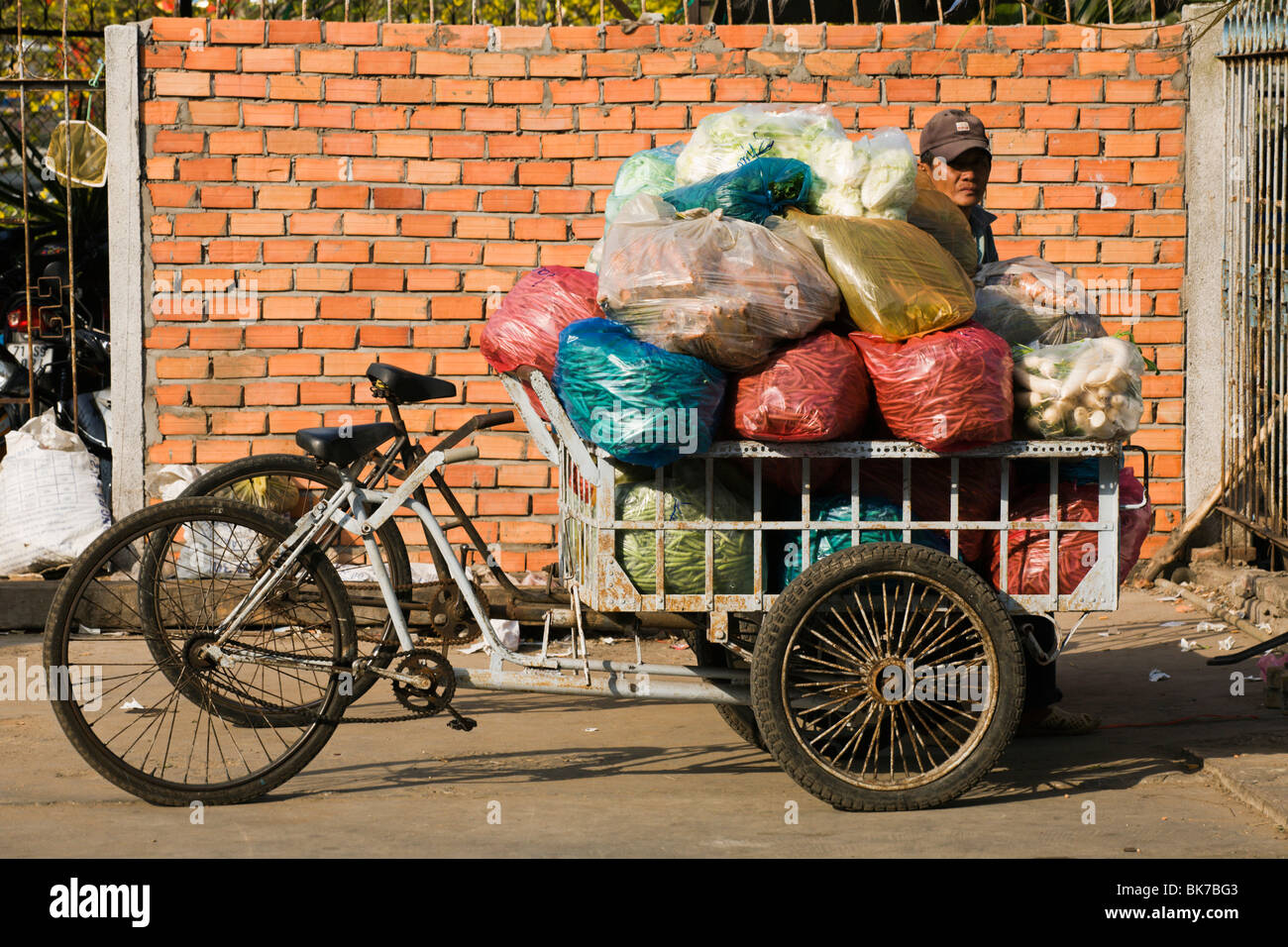 Frisches Gemüse durch Fahrrad Warenkorb zum Dock in Can Tho im Vietnam Mekong Delta Stockfoto