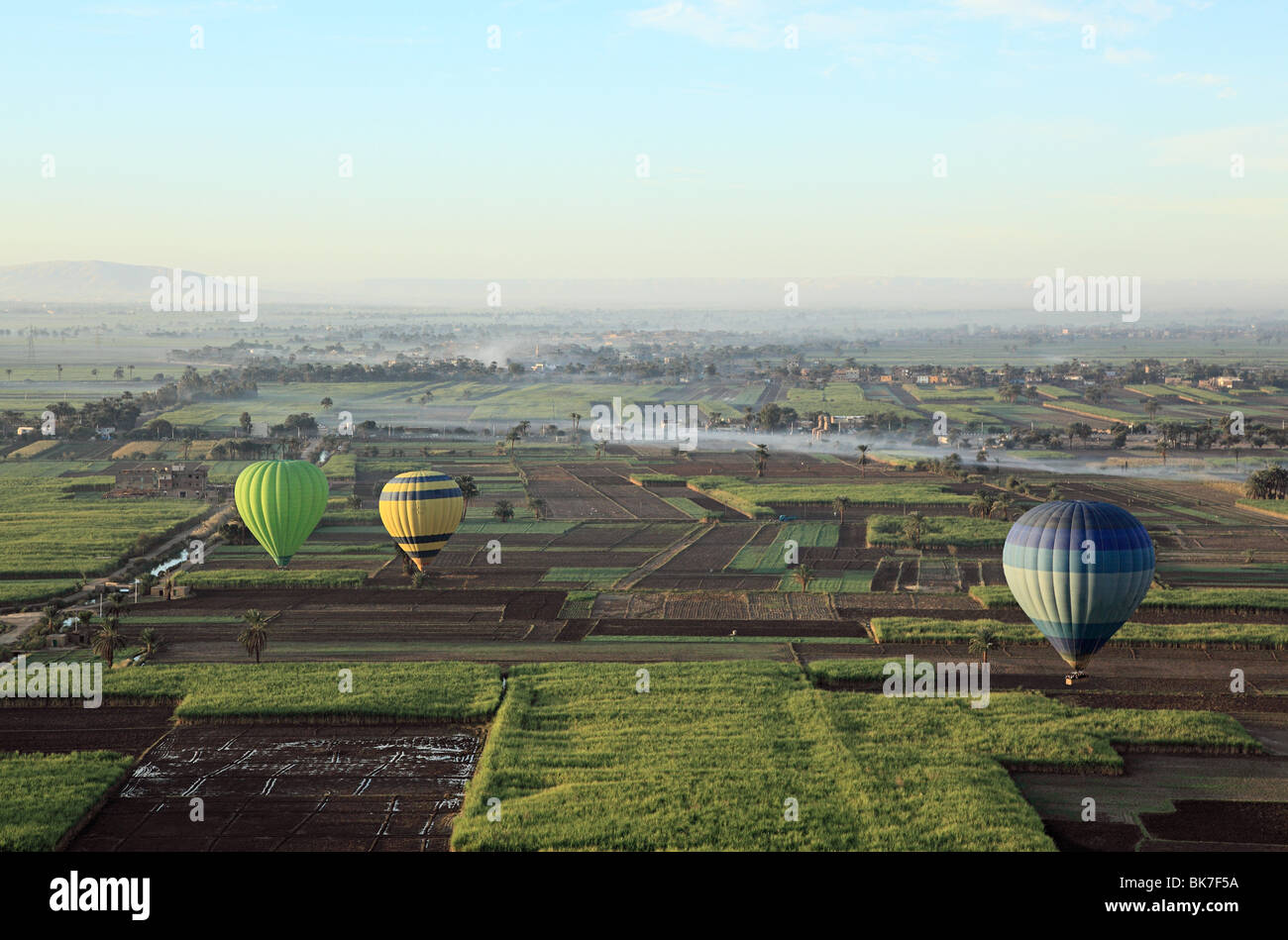 Heißluftballons über Felder in der Nähe von luxor Stockfoto