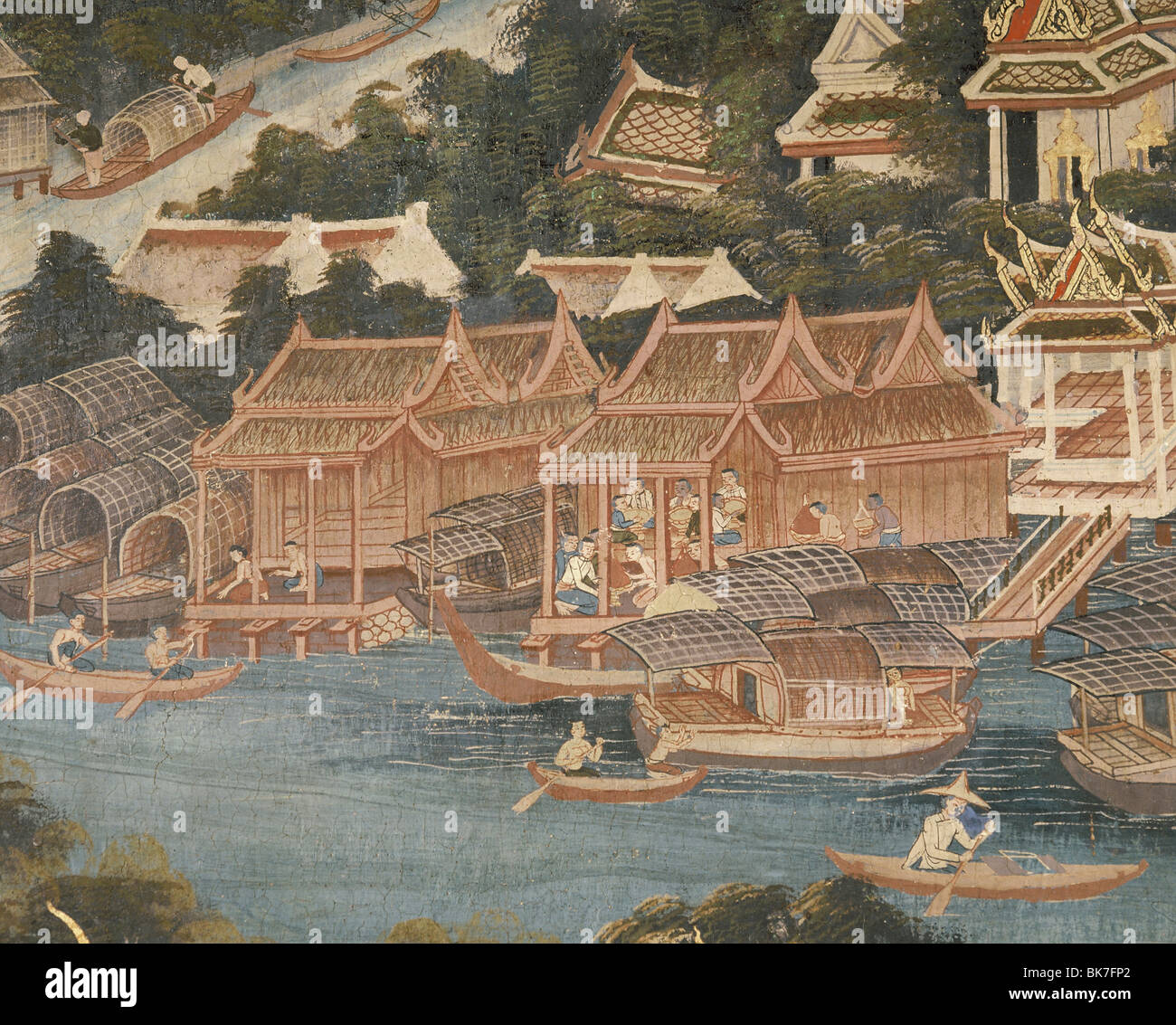 Detail einer Wandmalerei zeigt Häuser entlang dem Fluss Chaophraya, Wat Rajapradit, Bangkok, Thailand, Südostasien, Asien Stockfoto