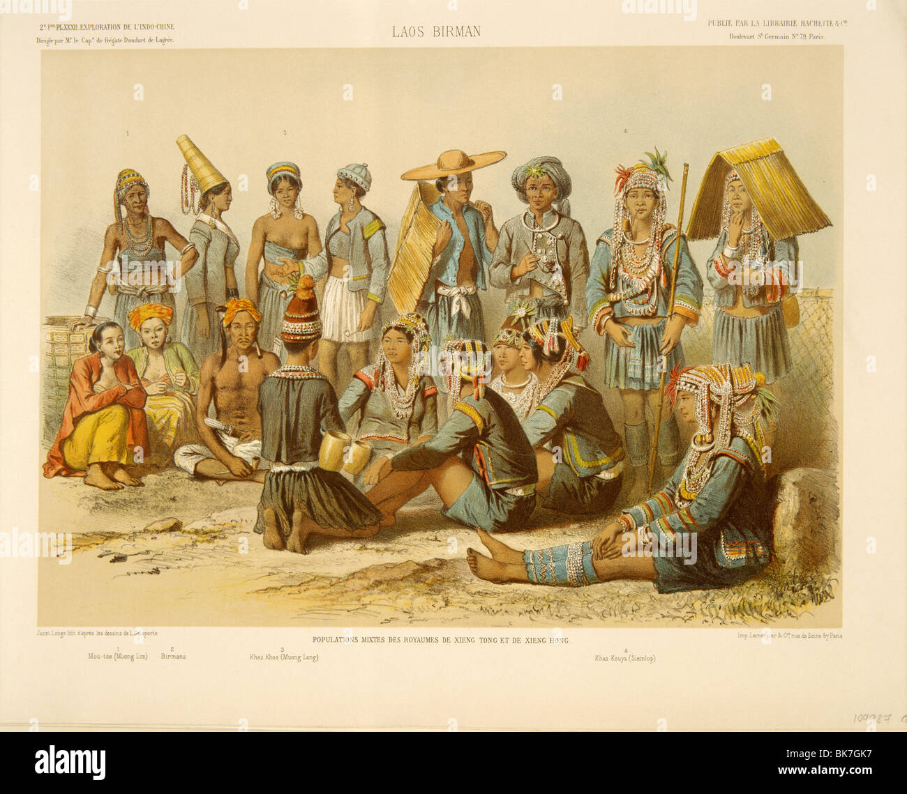 Bergvölker von Laos, meist Akha und Hmong, dargestellt in der Exploration de L'Indo-Chine von Delaporte, Laos Stockfoto