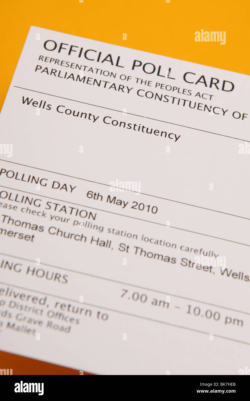 Britische Unterhauswahlen 2010 offizielle Umfrage Stimmkarte für parlamentarischer Wahlkreis Stockfoto
