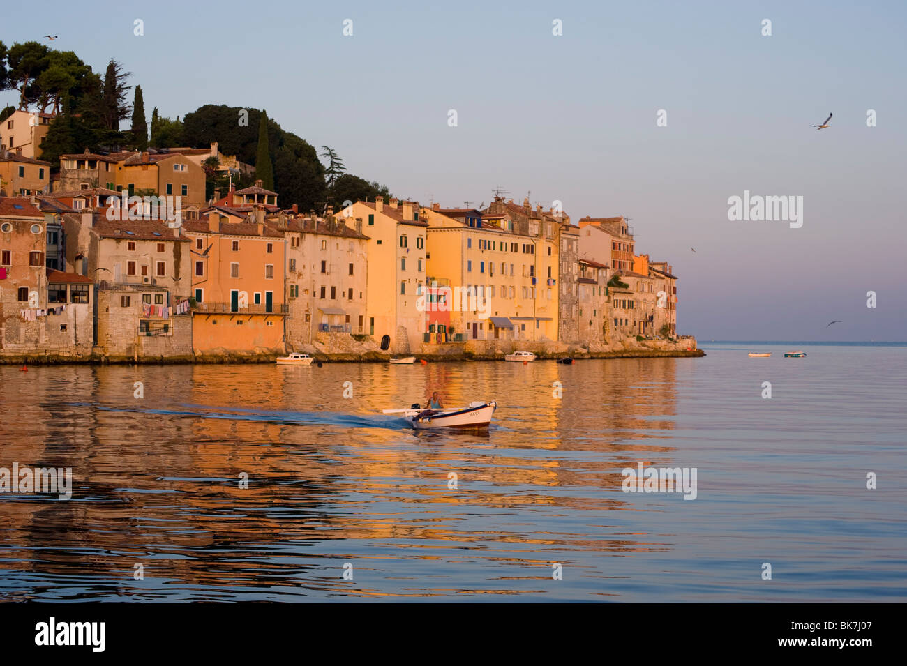 Ein kleines Fischerboot in Rovinj bei Sonnenaufgang, Istrien, Kroatien, Adria, Europe Stockfoto