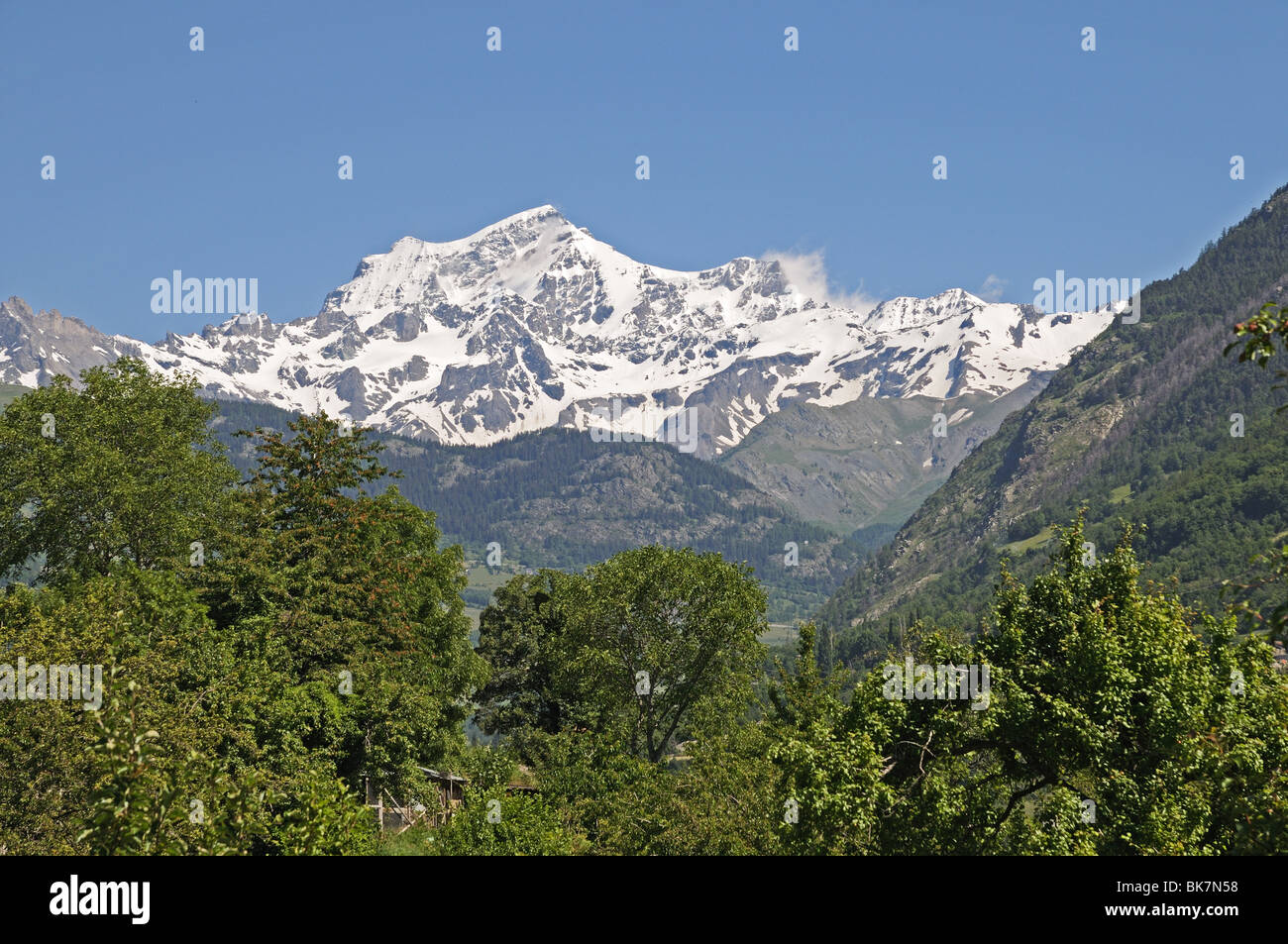 Alpine Gipfel des Grand Combin von Valle del Gran San Bernardo Great St Bernard Valley nördlich von Aosta Italien gesehen Stockfoto