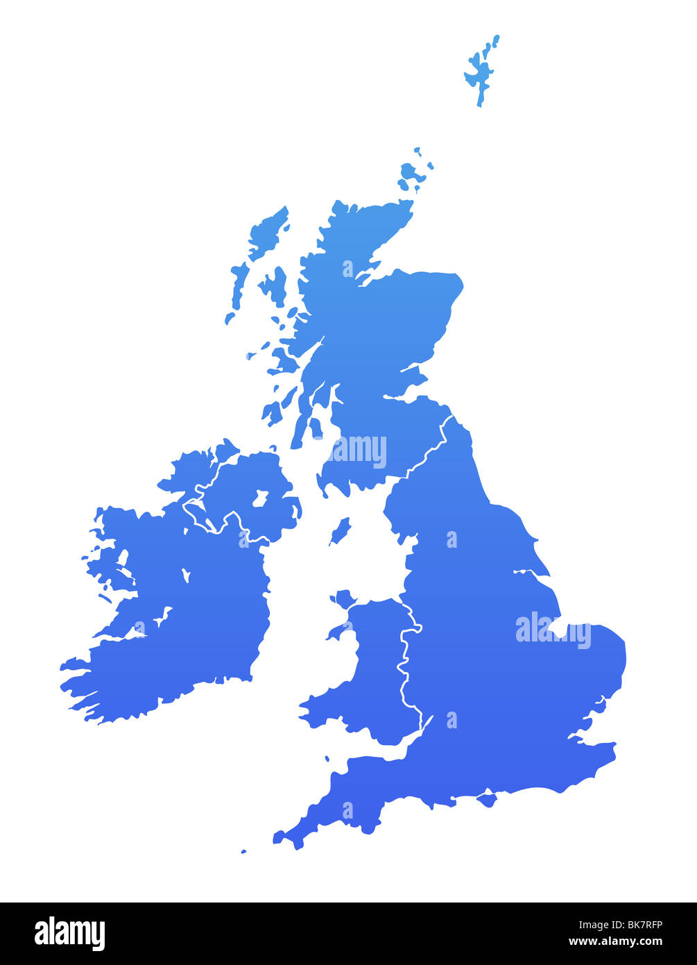Vereinigtes Königreich-Karte im Farbverlauf blau, isoliert auf weißem Hintergrund. Stockfoto
