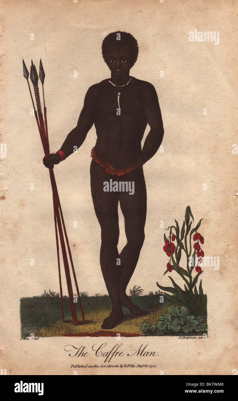 "Caffre Mann" Native of South Africa hält drei Speere. Stockfoto