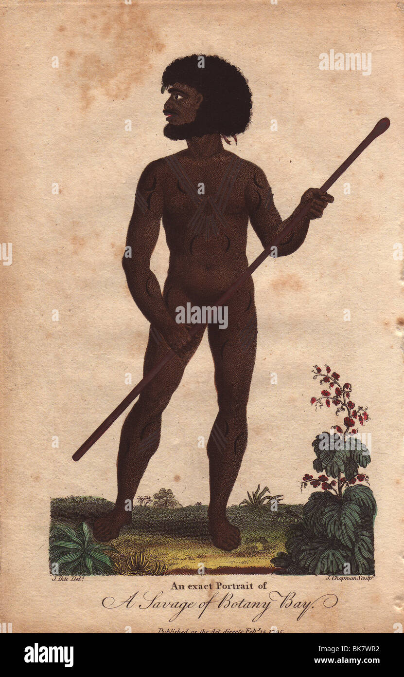 "Ein Savage Botany Bay" australische Aborigine trägt einen Stock. Stockfoto