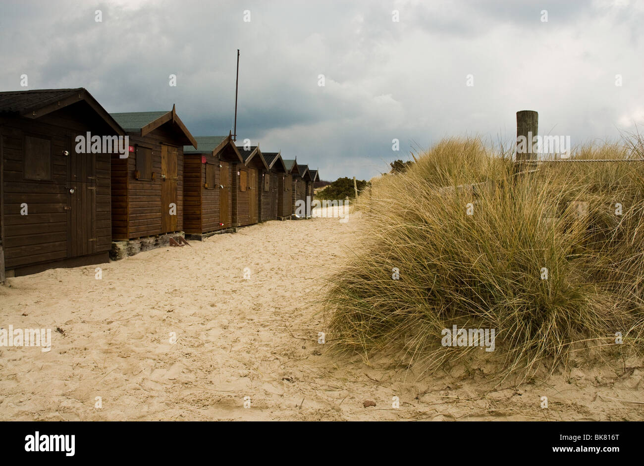Dünen und Strand Hütten, Studland Bay, Dorset, Großbritannien Stockfoto