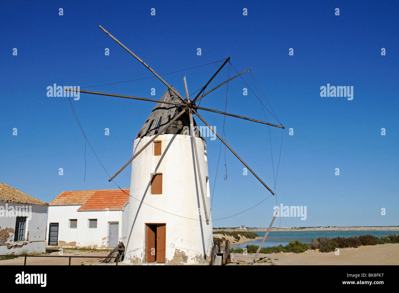 Windmühle, Parc Regional de Las Salinas, Salinas de San Pedro, Naturpark, San Pedro de Pinatar, Mar Menor, La Manga, Murcia, Stockfoto