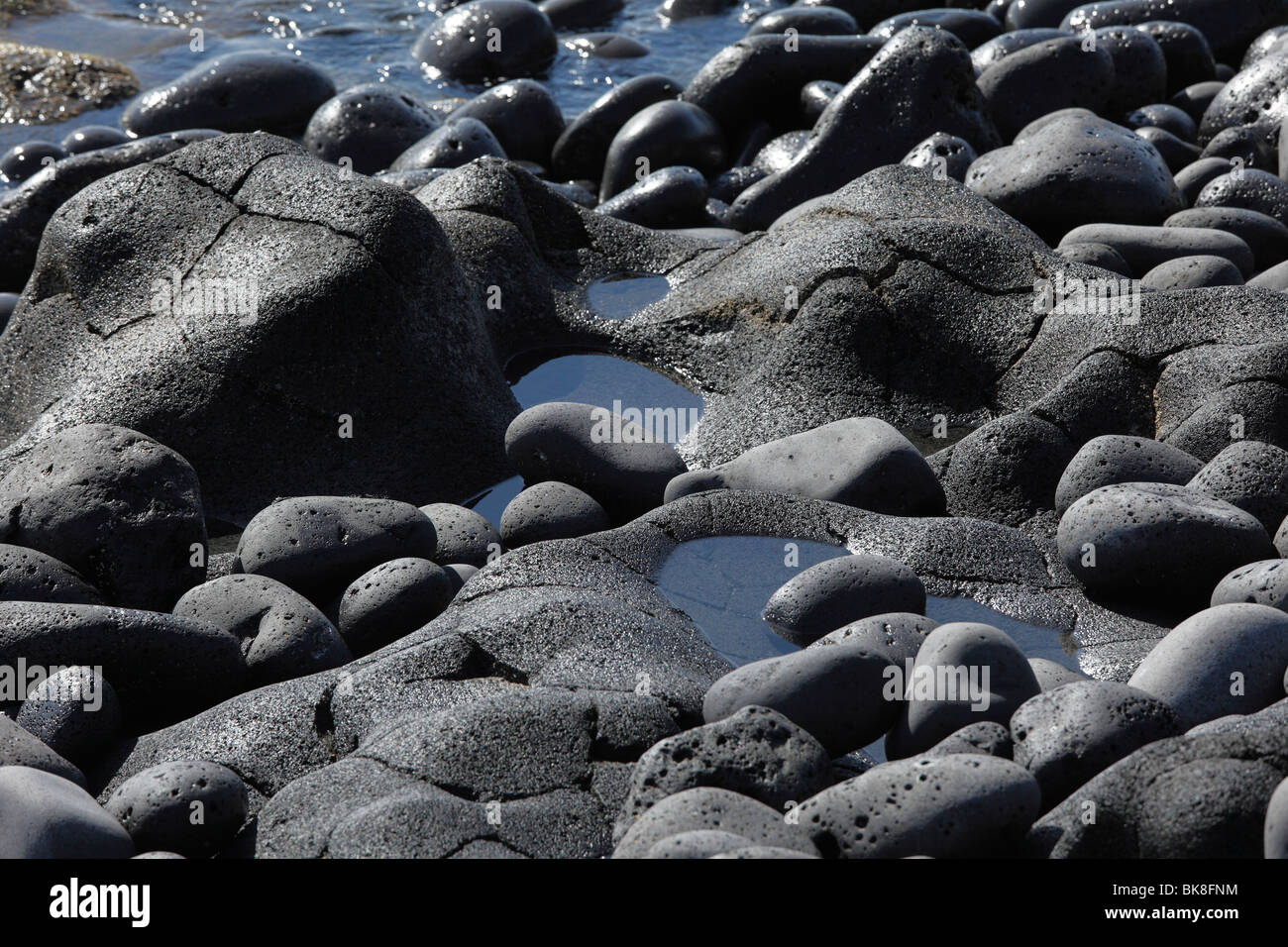 Runde schwarzen Steinen auf einer felsigen Küste "Paisaje Protegido del Remo" Naturschutzgebiet, La Palma, Kanarische Inseln, Spanien Stockfoto