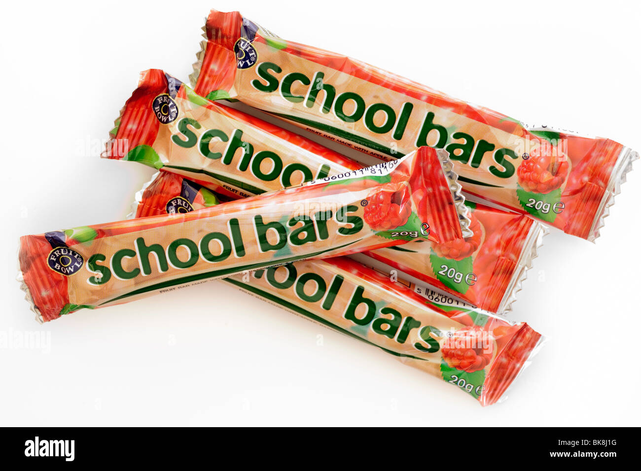 Stapel von 20 Gramm "Obstschale '' Schule Bars zäh Fruchtriegel Stockfoto