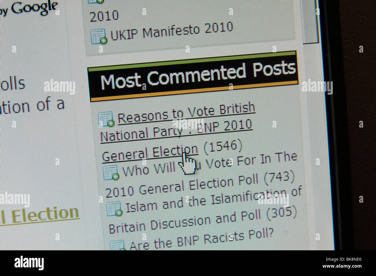 Einem Computer-Bildschirm Aufnahme einer Forum-Debatte mit dem Titel "Gründe für die Abstimmung British National Party: BNP 2010 allgemeine Wahlen". Stockfoto