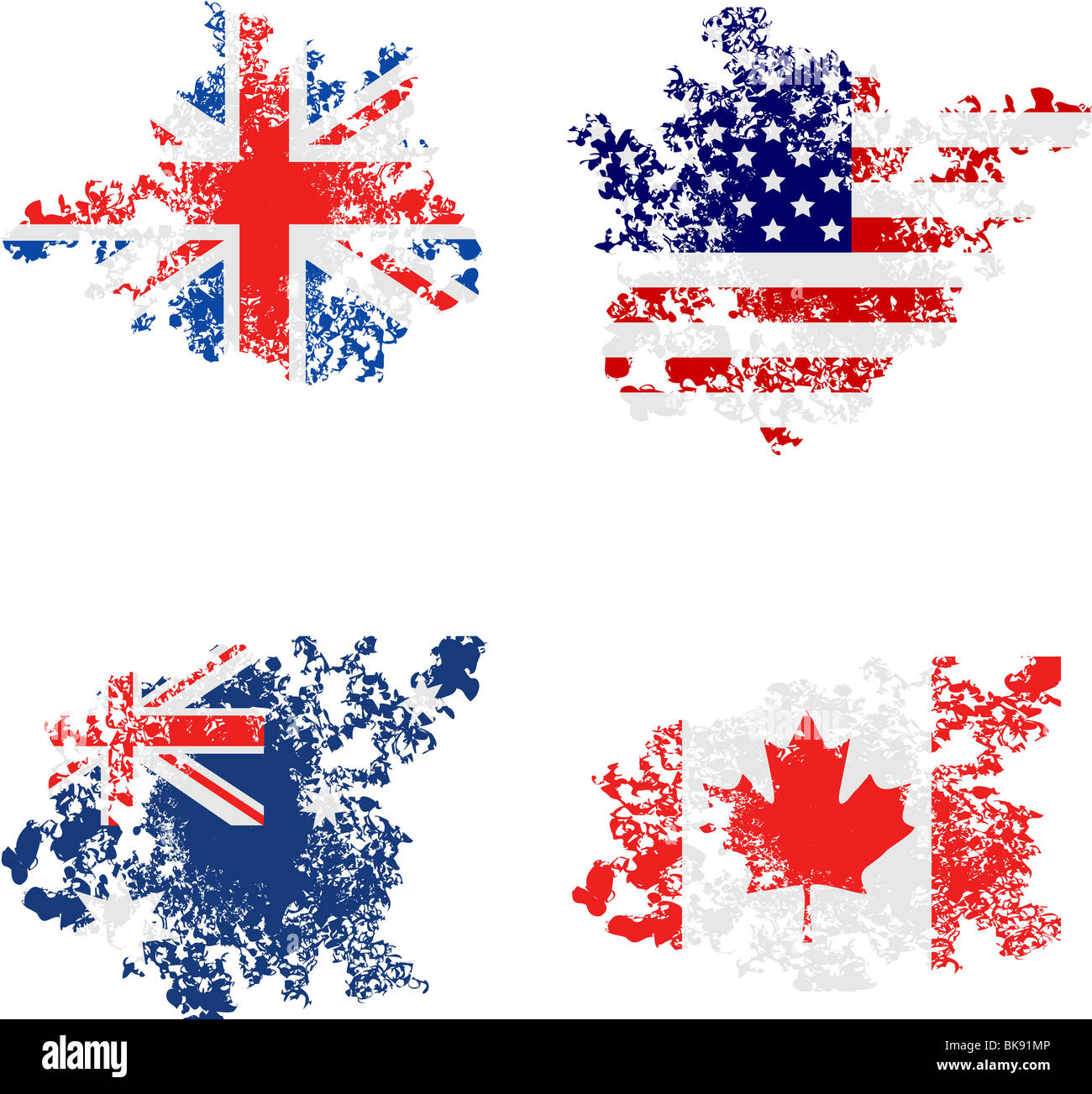 Grunge-Flaggen von Großbritannien, USA, Australien und Kanada Stockfoto