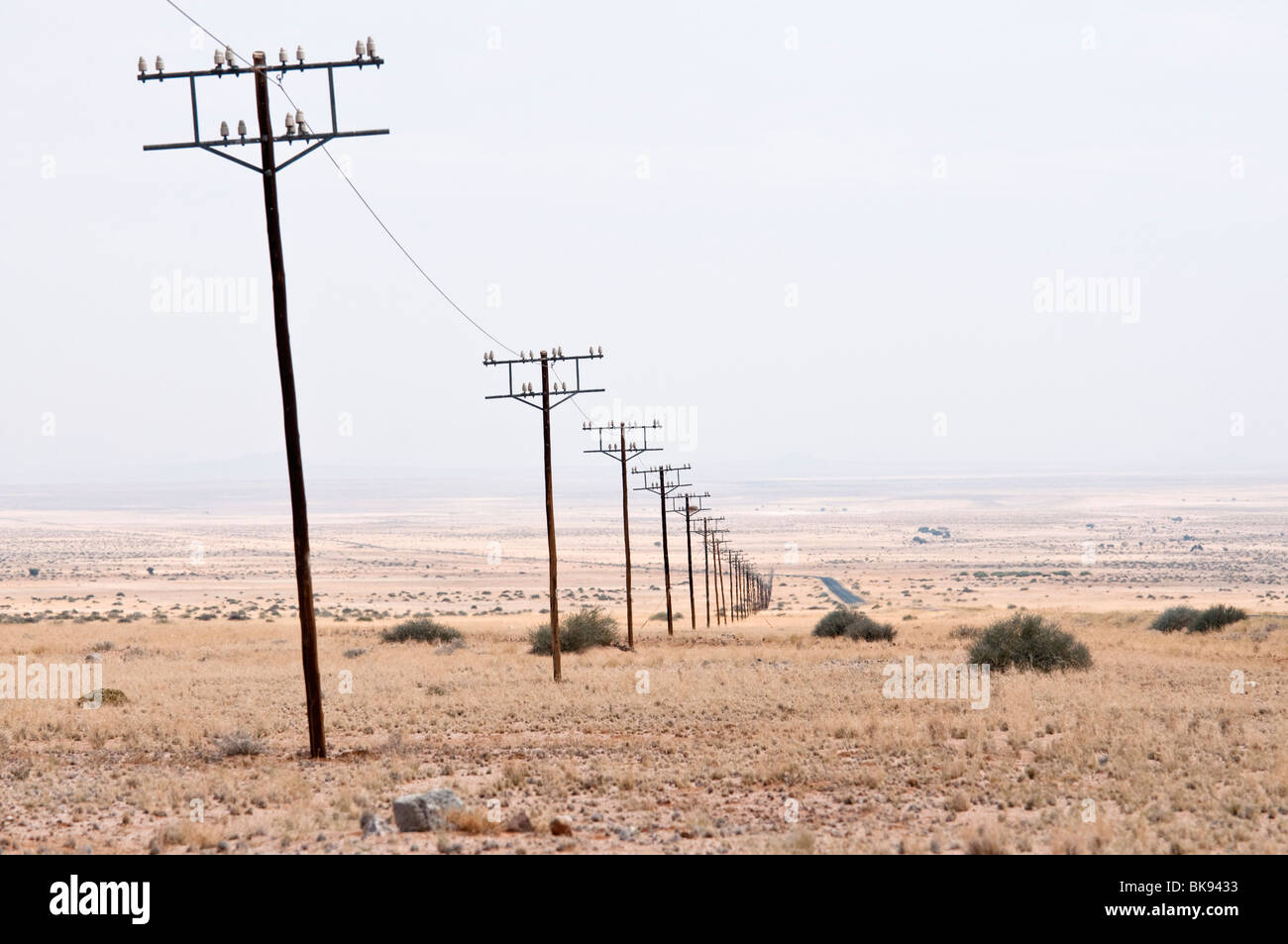 Utility Strommasten verblassen in der Ferne auf dem Weg nach Lüderitz zwischen Garub und Aus, Namibia Stockfoto
