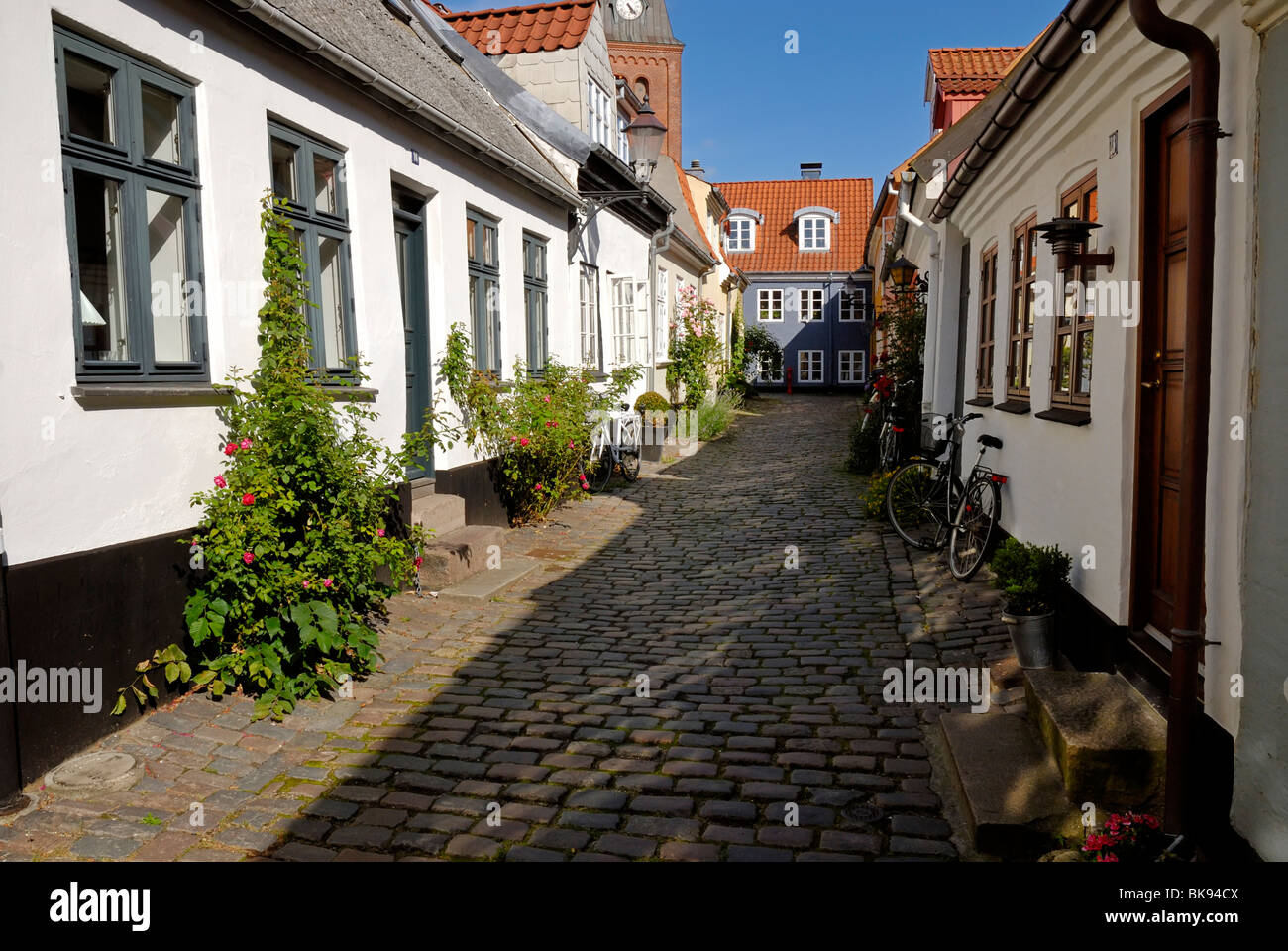 Kopfsteinpflasterstraße in der historischen Stadt Aalborg, Ålborg, Nordjylland Region, Dänemark, Skandinavien, Europa Stockfoto