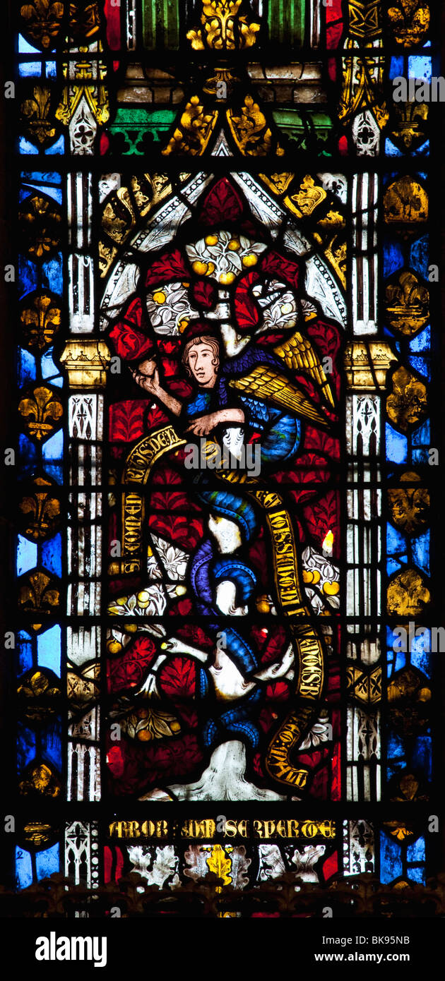 Adam im Garten Eden, Stained Glas Panel, Kathedrale von Wells, Somerset, Vereinigtes Königreich Stockfoto