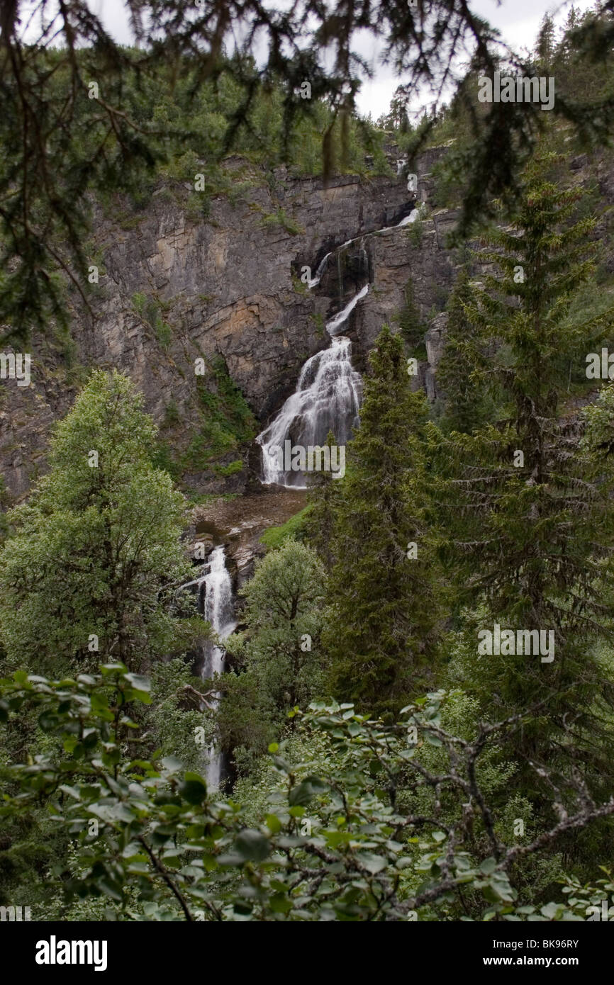 Einen hohen Wasserfall kaskadenförmig in mehreren Stufen in einer bewaldeten Schlucht. Stockfoto