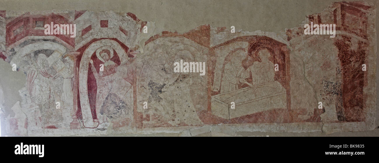 Mittelalterliche Wandmalerei Darstellung Taten der Barmherzigkeit, Str. Marys Kirche, Moulton St Mary, Norfolk Stockfoto