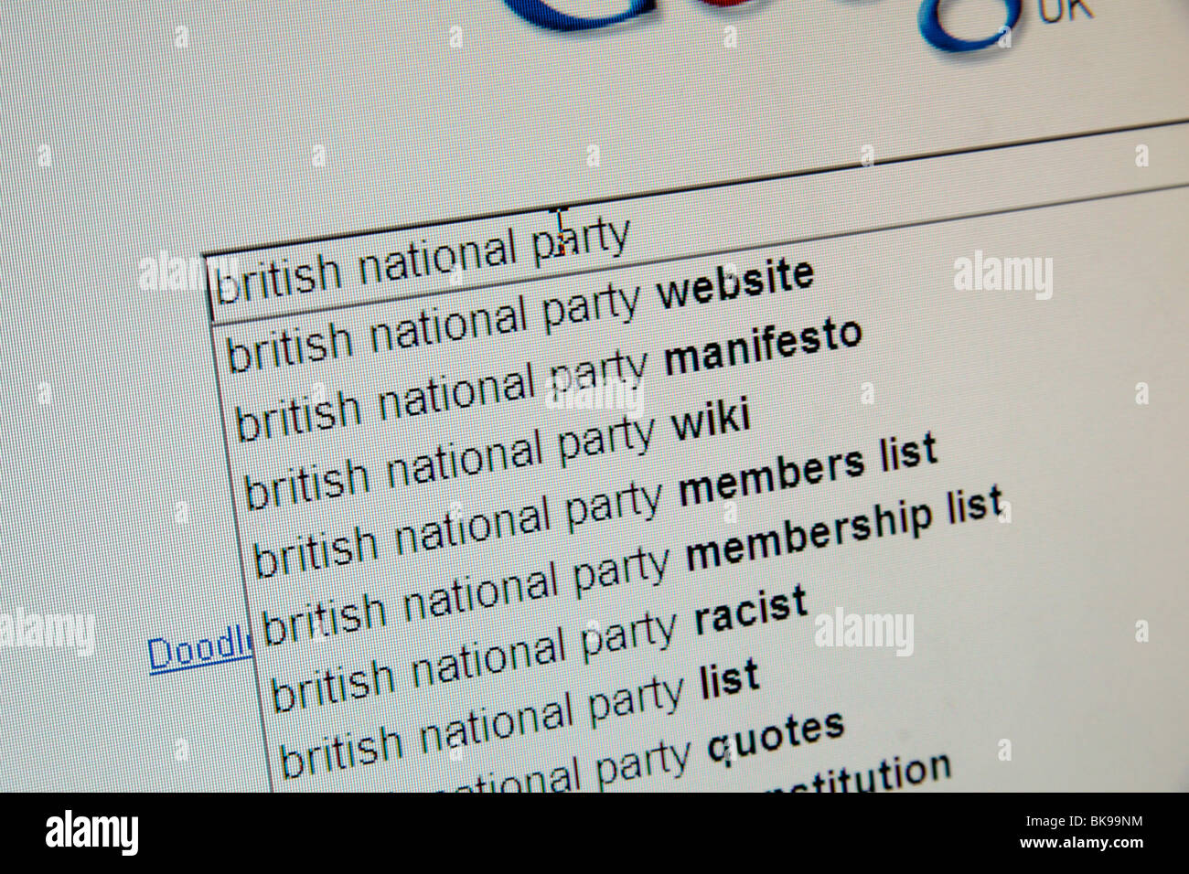 Die Suchoptionen für Google (UK)-Suche für die British National Party gegeben. April 2010 Stockfoto