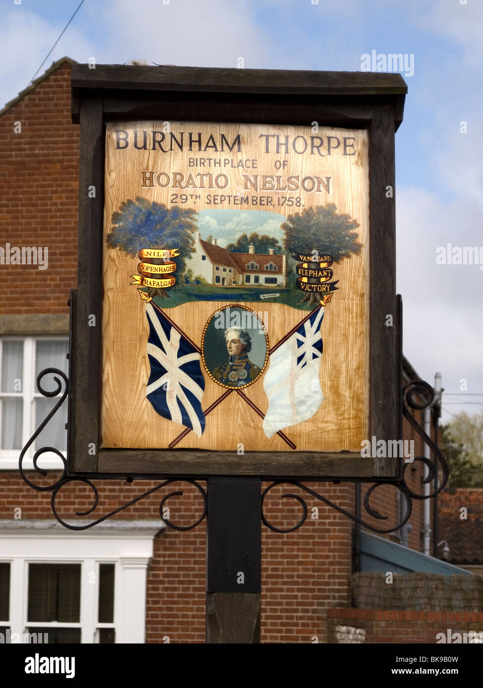 Ein Gedenken Zeichen in Burnham Thorpe, wo Admiral Horatio Nelson 29. September 1758 geboren wurde Stockfoto