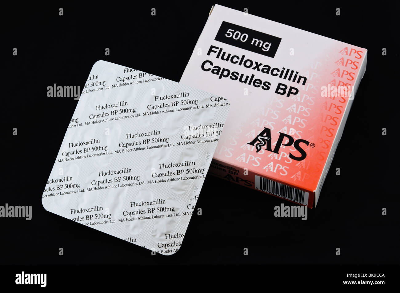 Box und Blisterpackung von Flucloxacillin Antibiotikum, 500mg Stockfoto