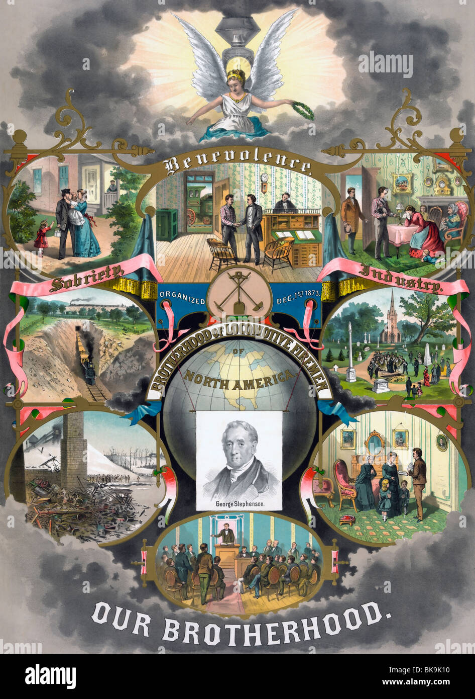 Unsere Bruderschaft - Brotherhood of Locomotive Feuerwehrmann of North America, Union Poster, ca. 1885 Stockfoto