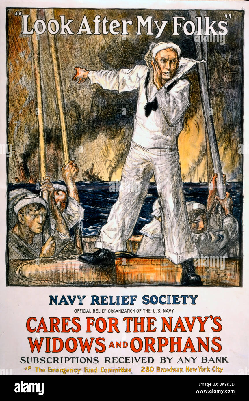 Meine Leute - Weltkrieg Naval Relief Society Poster - sorgen für die Witwen und Waisen betreuen Stockfoto