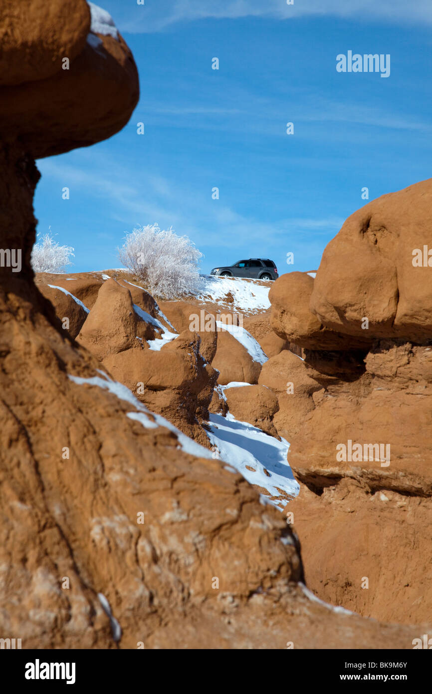 Goblin Valley State Park im Bereich San Rafael Swell des südlichen Utah wird von Goblin geformten Felsformationen bewohnt. Stockfoto