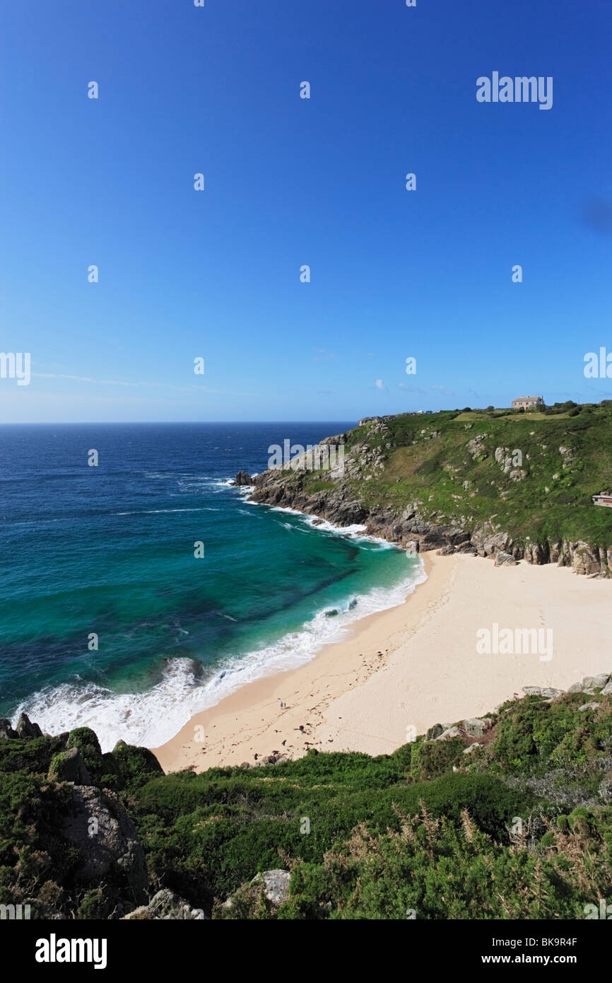 Porthcurno Strand, Penwith Halbinsel, Cornwall, England, Vereinigtes Königreich Stockfoto