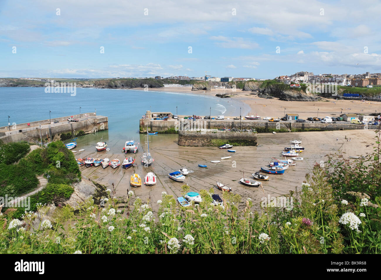 Blick über Hafen und Strand, Newquay, Cornwall, England, Vereinigtes Königreich Stockfoto