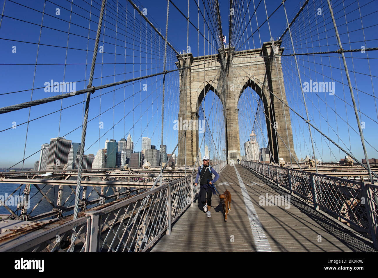 Frau, Joggen mit Hund, Brooklyn Bridge, Manhattan, New York City, New York, USA Stockfoto