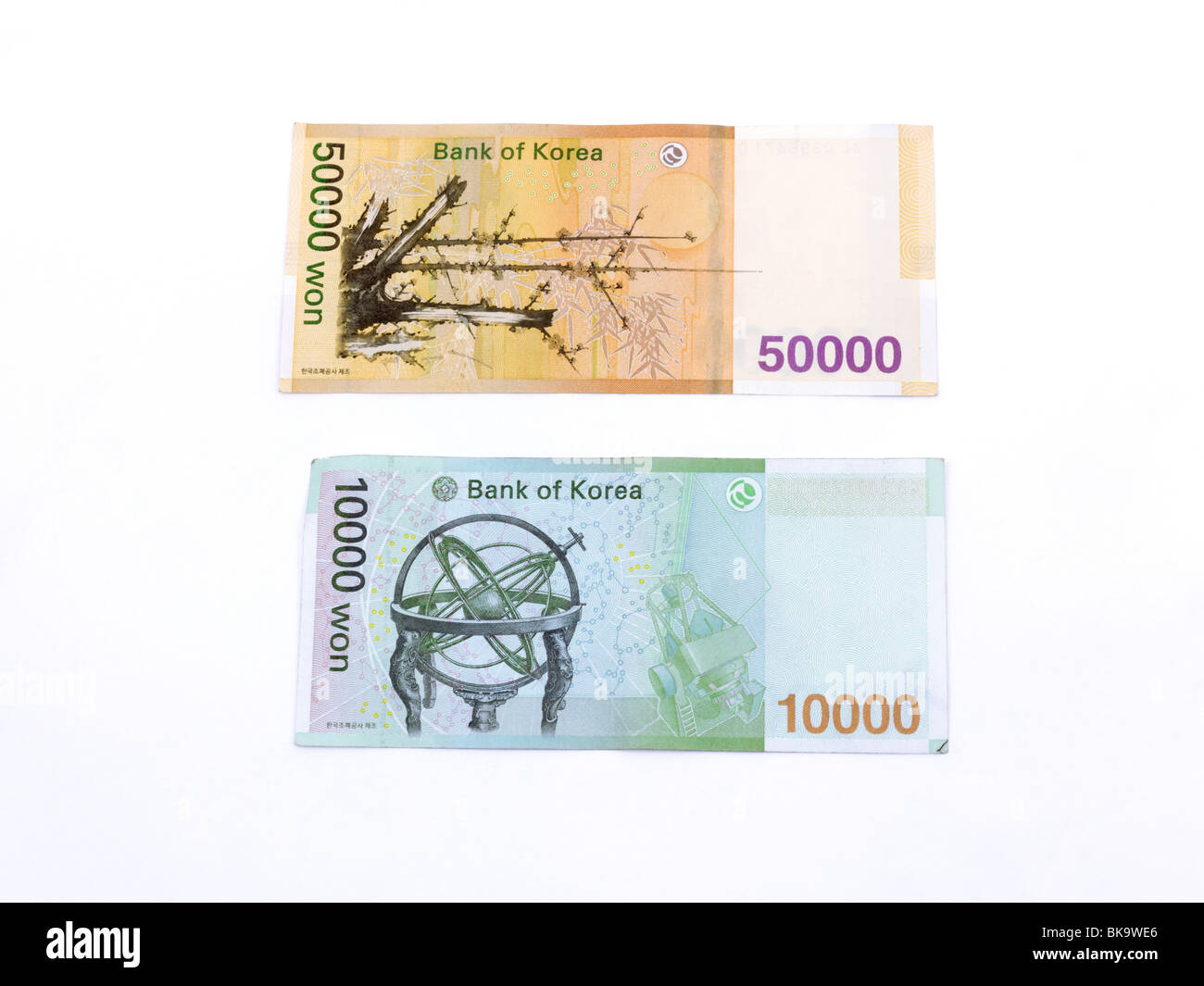 Südkoreanische Banknoten 10000 und 50000 Won Stockfoto