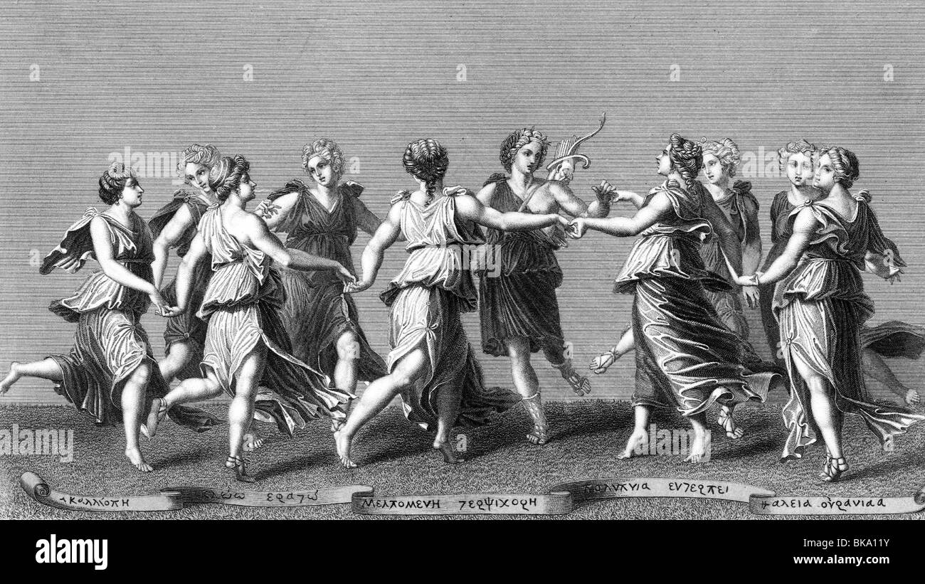 Musen und Göttinnen der Literatur und der Künste, Szene, mit Apollo, Stahlstich von a.h. Payne nach Zeichnung von Romano, 19. Jahrhundert, Artist's Urheberrecht nicht gelöscht werden Stockfoto