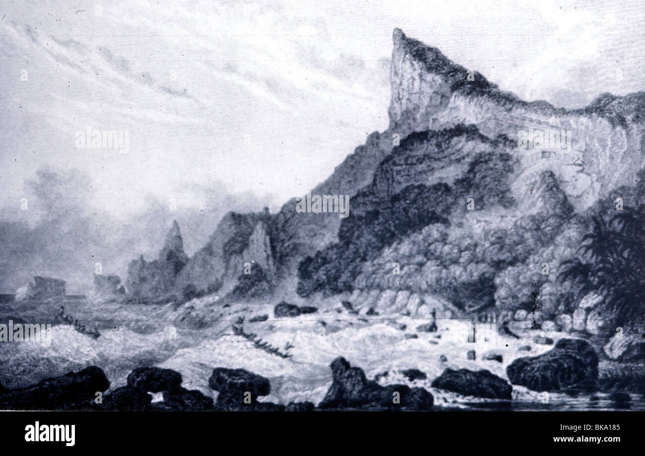 Transport/Transport, Navigation, Mutiny auf der Bounty 1789, Pittcairn Island, das letzte Versteck der Meuterer, Blick auf Bounty Bay, wo die "HMS Bounty" am 23.1.1790 durch einen Brand zerstört wurde, Zeichnung von F. W. Beechey, historisch, historisch, Südsee-Expedition, Pazifik, 18. Jahrhundert, Landschaft, Landschaften, Menschen, Stockfoto