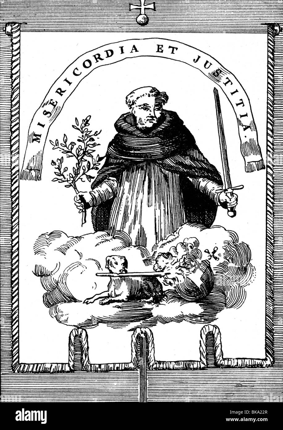 Judikative, Inquisition, Flagge der spanischen Inquisition, ca. 16. Jahrhundert, Motto: "Misericordia et justitia", Holzgravur, 19. Jahrhundert, Stockfoto