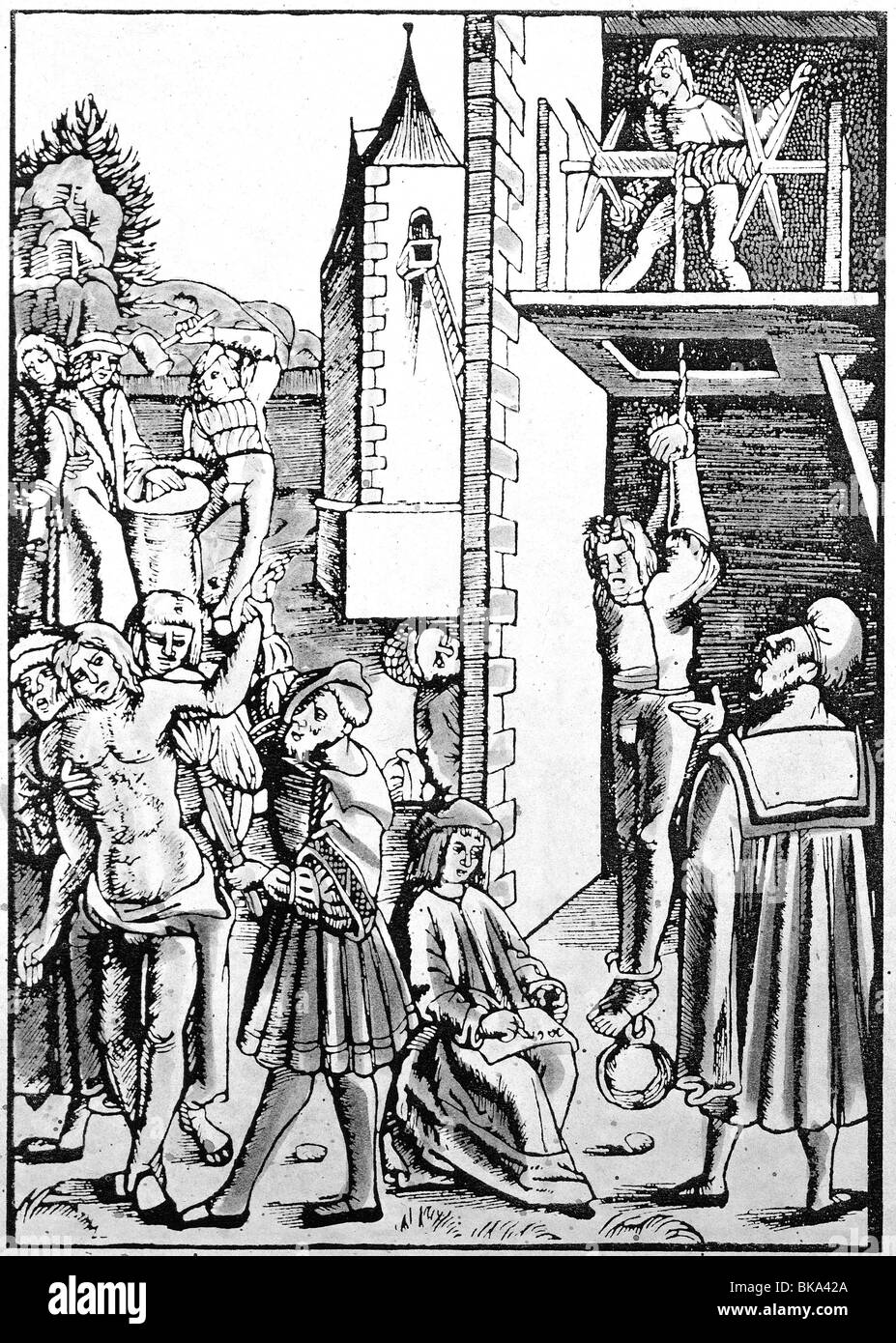 Gerechtigkeit, Folter, Zerkleinerung des Fingers, Verbrennen, Dehnen, Farbholzschnitt aus Laienspiegel von Ulrich Tengler, gedruckt von Johann Schoeffer, Mainz, 1508, Privatsammlung, Stockfoto