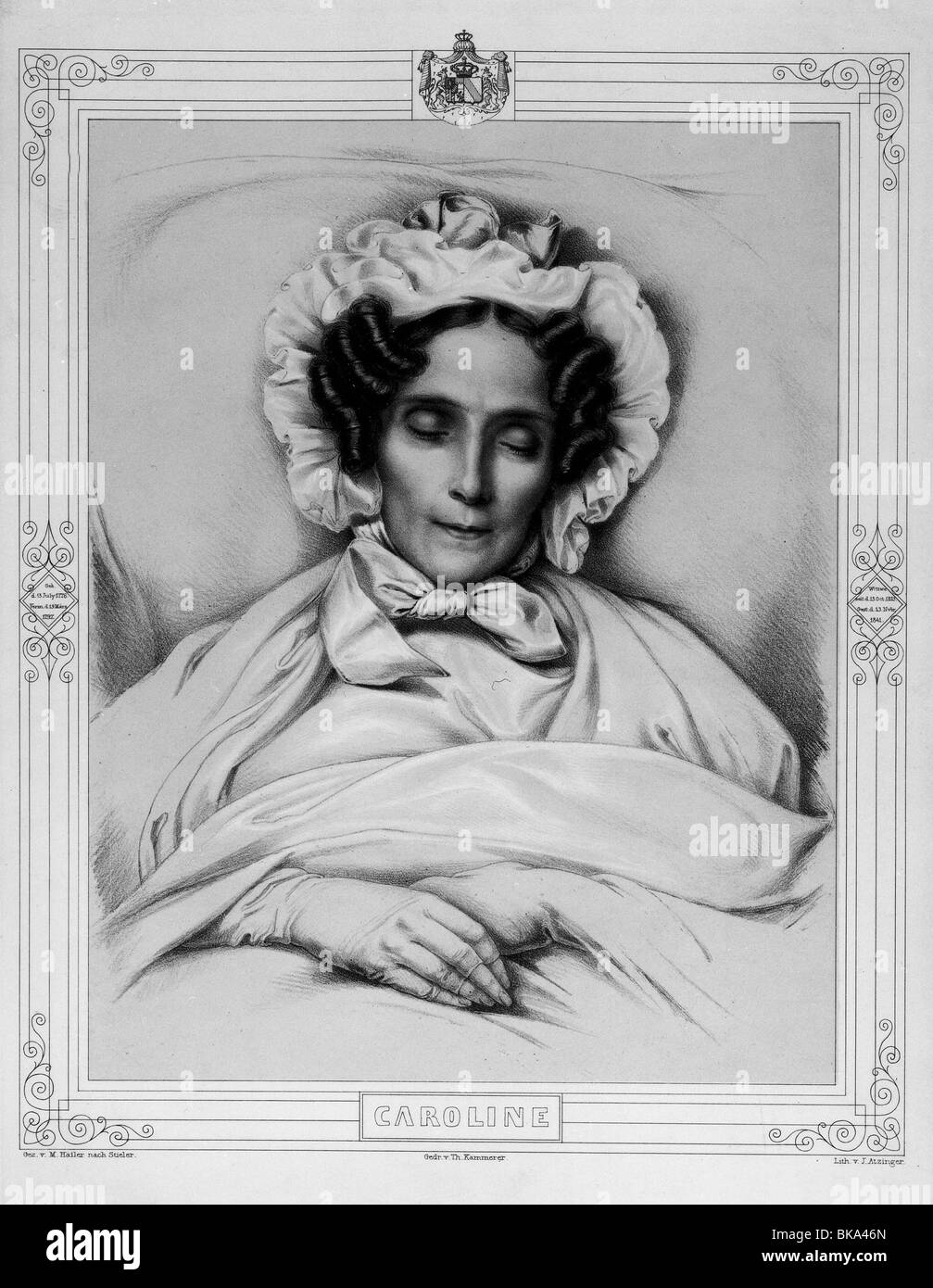 Caroline, 13.6.1776 - 13.11.1841, Königin von Bayern 1.1.1.1806 - 13.10.1825, Porträt, tot, Lithograph von J. Atzinger, Zeichnung von M. Hailer nach Malerei von Joseph Stieler, gedruckt von Th. Kammerer, 1841, Stockfoto