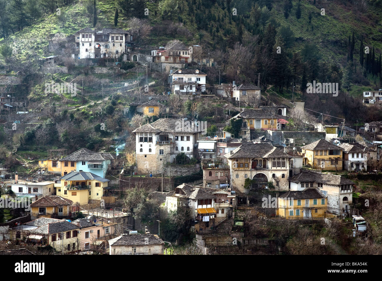Ein Medley von Häusern, fein und eintönig, auf einem Rainwashed Hang oberhalb Albaniens südlichen Stadt Gjirokastra Stockfoto