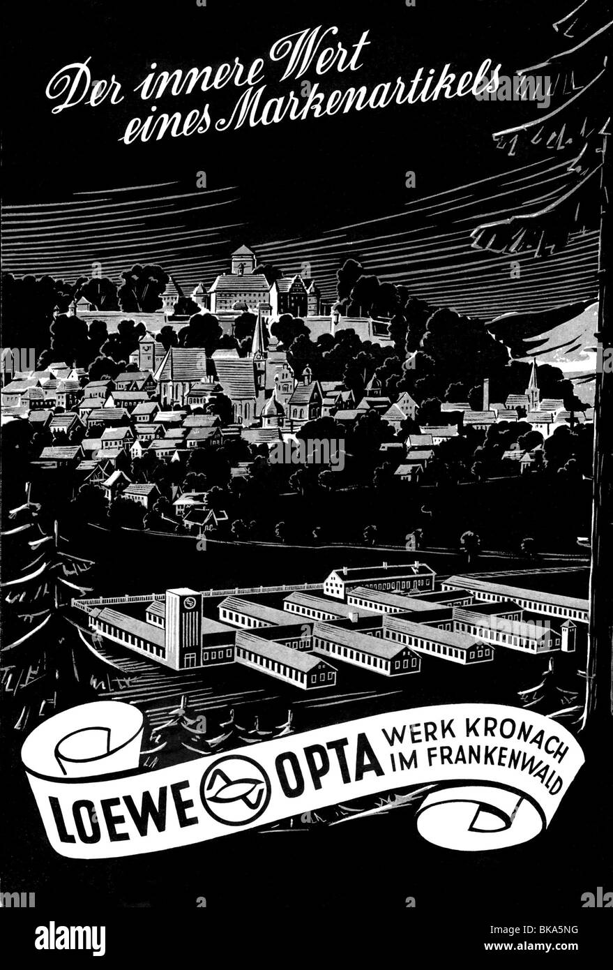Industrie, Unternehmen, Loewe Opta Firma, Werbung für Hörfunkgeräte, Holzschnitt eines Stadtbildes von Kronach, Deutschland, 1953, Stockfoto