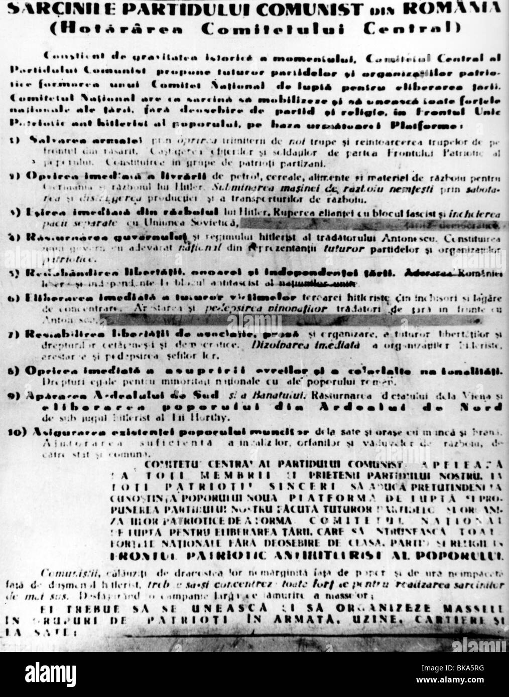 Ereignisse, Zweiter Weltkrieg/zweiter Weltkrieg, Rumänien, Widerstand, Aktionsplattform des Zentralkomitees der Kommunistischen Partei Rumäniens für die union aller Kräfte gegen Hitler, wahrscheinlich 1944, Stockfoto