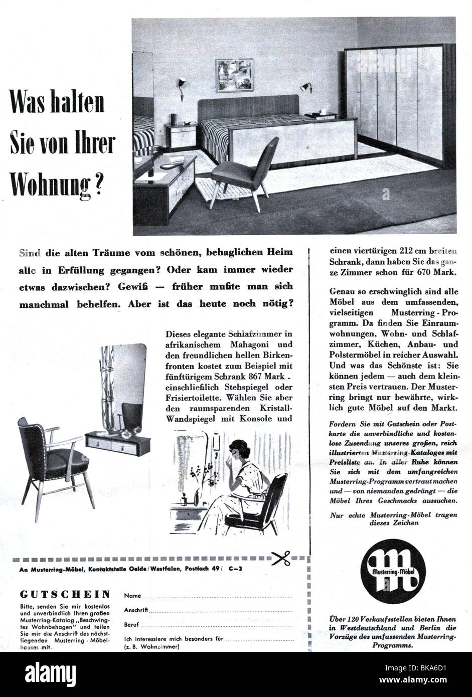 Werbung, Möblierung, Mustermöbel, Werbung im "Revue"-Magazin, Nummer 44, 29.10.1955, Stockfoto