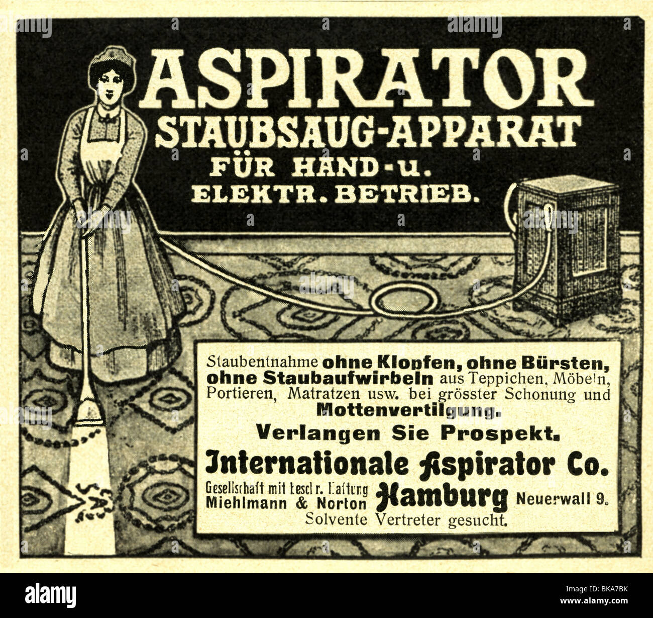 Werbung, Haushaltsgeräte, Staubsauger, Sauggebläse, hergestellt von der International Aspirator Company, Hamburg, Deutschland, im Jahr 1909, Stockfoto