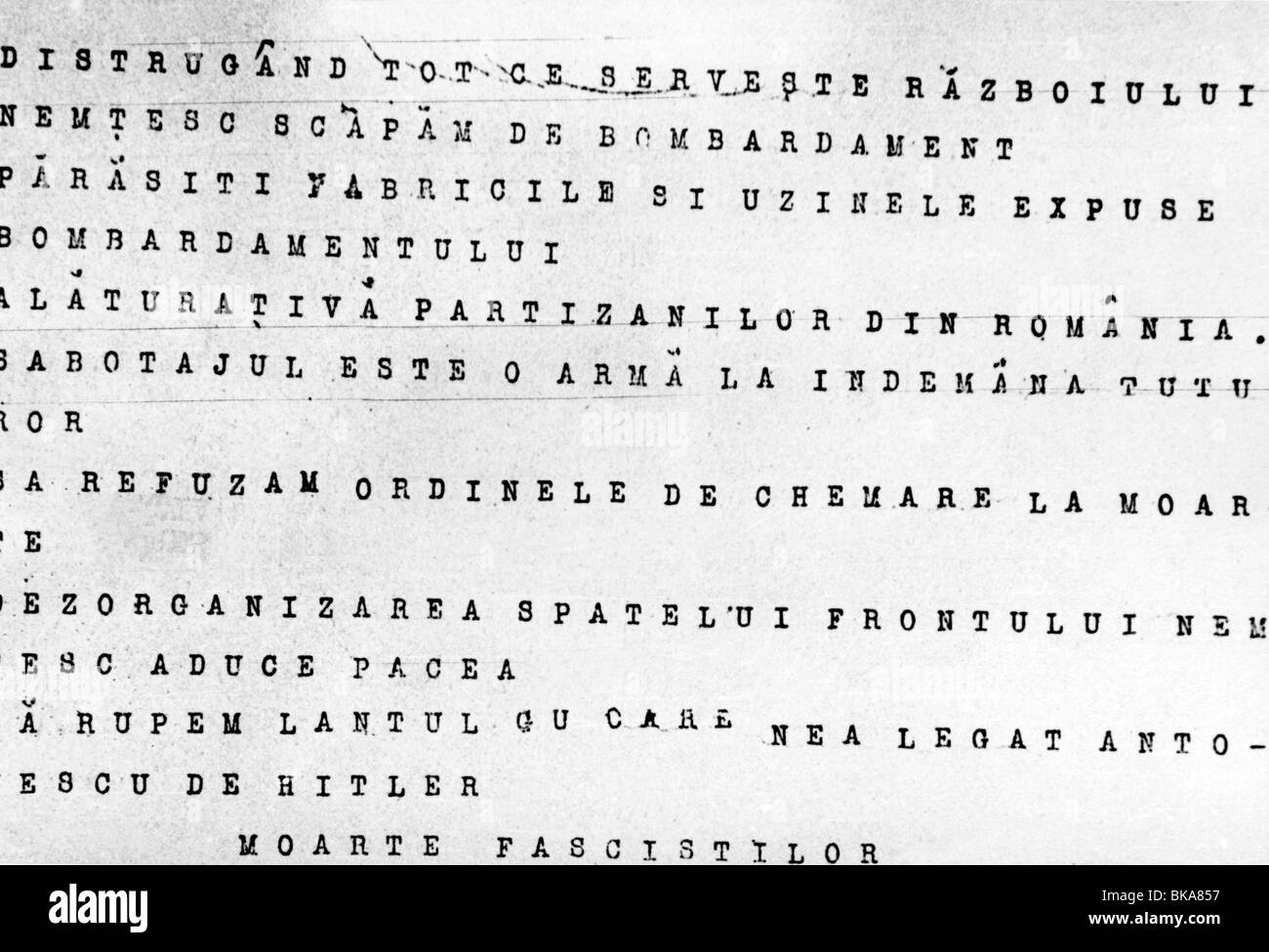 Ereignisse, Zweiter Weltkrieg/zweiter Weltkrieg, Rumänien, Widerstand, Flugblatt, Aufruf zu Sabotage und dem Abzug des Landes aus dem antisowjetischen Krieg, 1943, Stockfoto