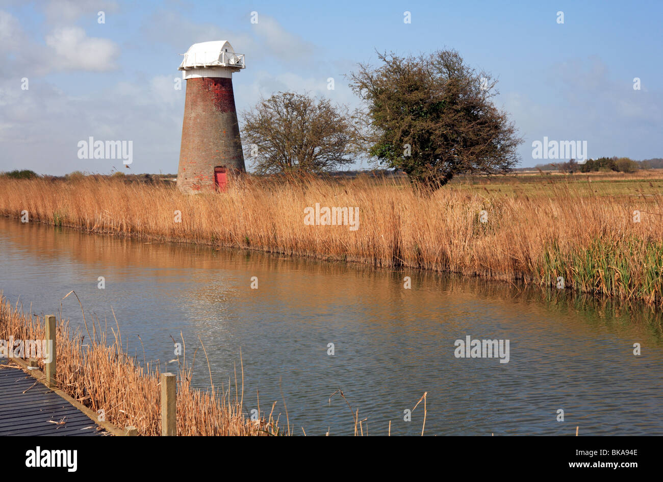 Entwässerung-Mühle und Schnitt führt vom Martham breit zum Westen Somerton Staithe, Norfolk, England, Vereinigtes Königreich Stockfoto