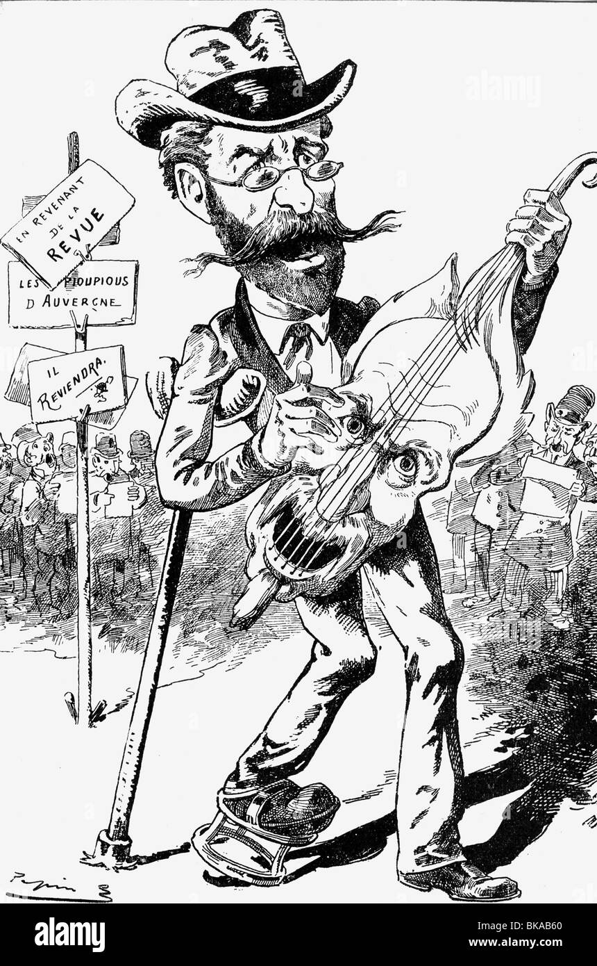 Boulanger, George, 29.4.1837 - 30.9.1891, französischer General und Politiker, Karikatur, als Balladenmonger, Holzgravur, Frankreich, "Le Grélot", 1.4.1888-12, Stockfoto
