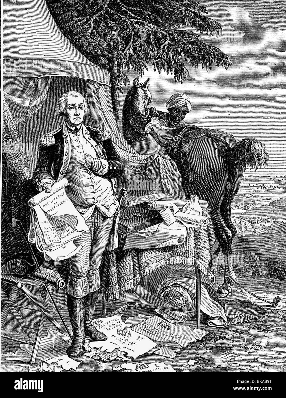 Washington, George, 22.2.1732 - 14.12.1799, amerikanischer General und Politiker, Oberster Befehlshaber der kontinentalen Armee 15.6.1775 - 23.12.1783, volle Länge, Holzgravur, 19. Jahrhundert, Stockfoto