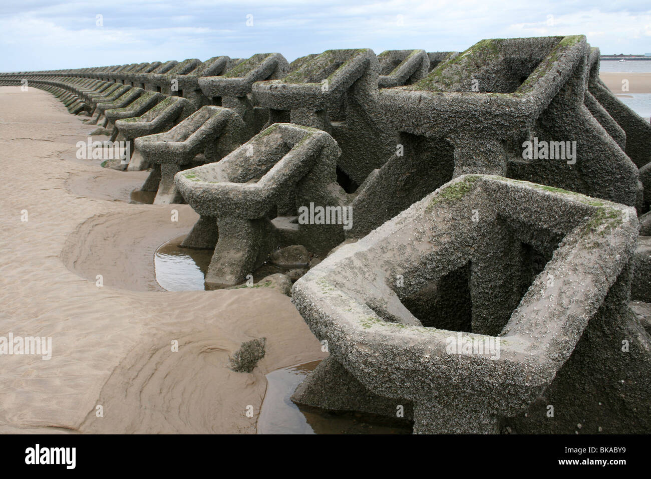 Konkreten geometrischen geformte Meer Verteidigung Buhne in New Brighton, Wallasey, Wirral, UK Stockfoto
