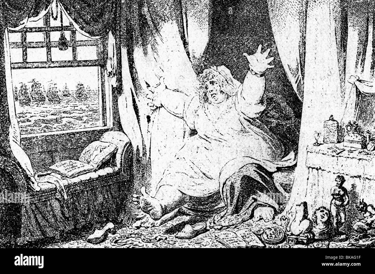Hamilton, Lady Emma, 1761 - 15.1.1815, Karikatur, 'Dido in der Verzweiflung", Kupferstich von James Gillray, 1801, Artist's Urheberrecht nicht geklärt zu werden. Stockfoto